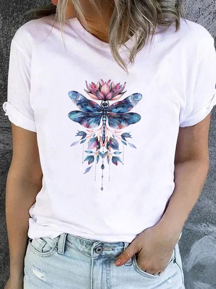 

(Asian Size) Short Sleeve T-shirts Printed floral style flower Clothing Lady Female Top Casual T Shirt Fashion Women Graphic Tee S