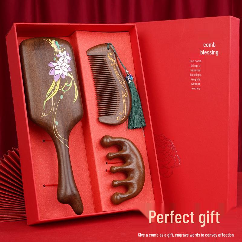 Golden Sandalwood Air Cushion Brush & Wood Comb Gift Set - Scalp Massage Hairdressing Comb for Women, Perfect Nurse's Day Gift.