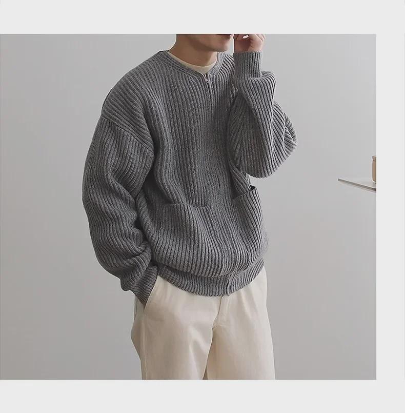 Men's Round Neck Solid Color Knitted Cardigan - 2023 Casual Autumn/Winter Fashion, All-Match, Large Size Trendy Jacket