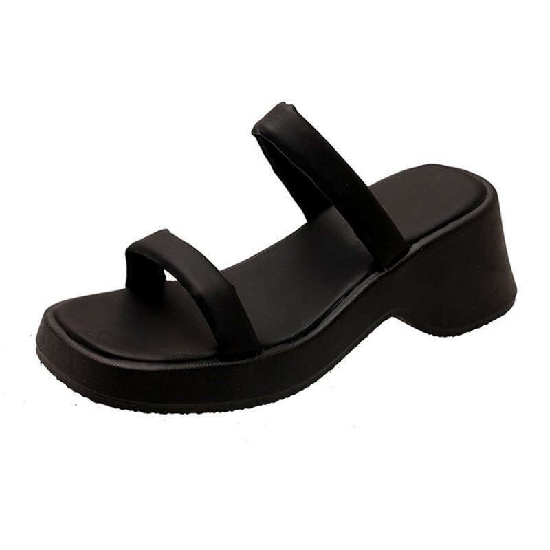 Fashion super fire one-word drag with skirt, beautiful cool slippers, women's summer wear 2025 new slope heel thick-soled slippers