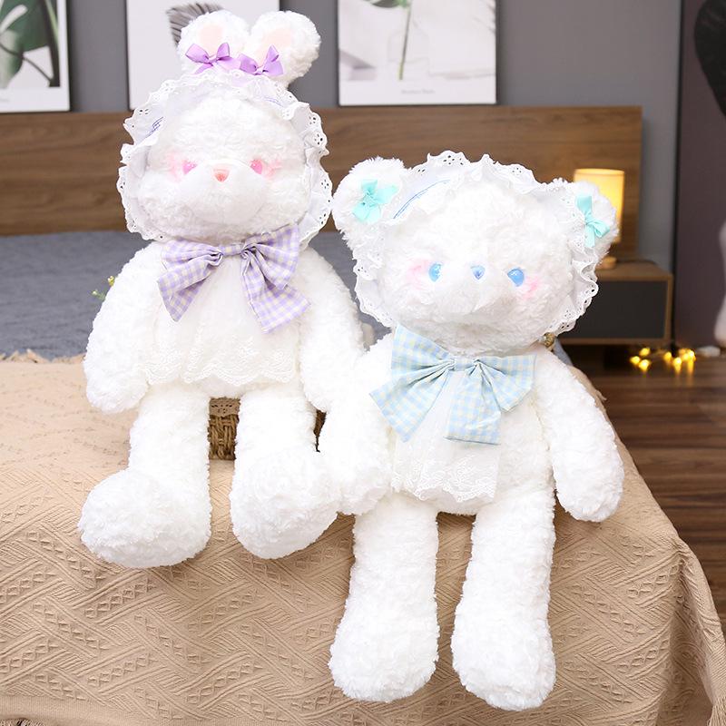 Cute White Bunny Plush Toys with Lace Headwear Soft Stuffed Animals Pillow Kids Birthday Gift Appease Pillow for Bedroom Decor