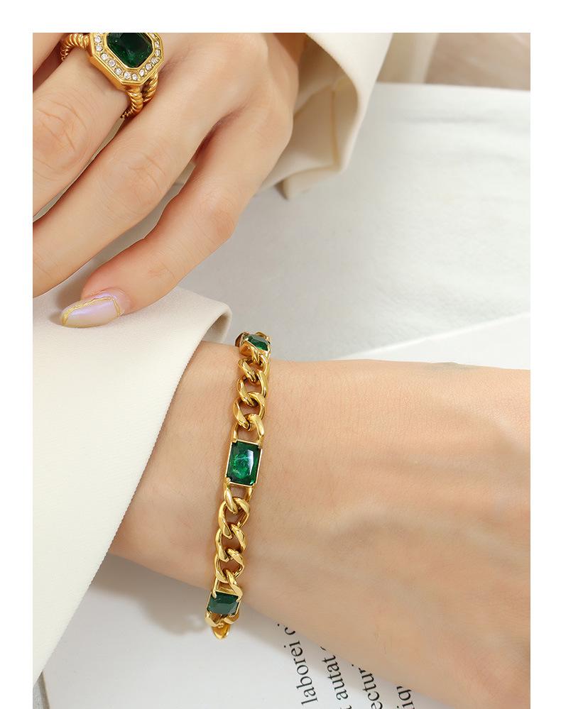 Custom Cuban Thick Chain Necklace & Bracelet Set with Green Glass Stones - Colorfast Jewelry