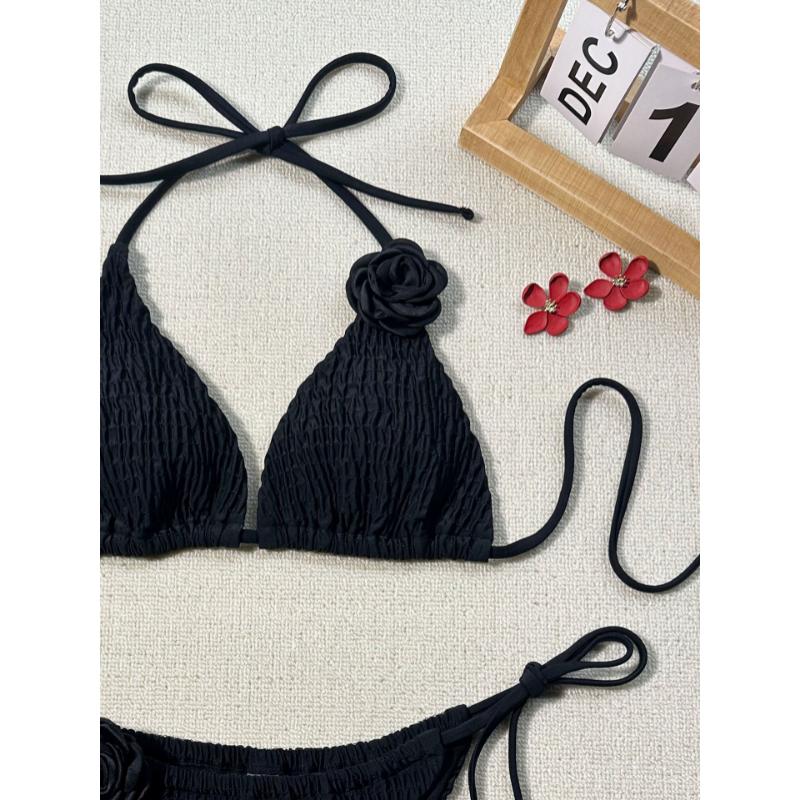 2 Piece Women 3D Rose Flower Bikini Set Smocked Textured Triangle Halter Tie Side Solid Color Sexy Push Up Beach Vacation Bathing Suit