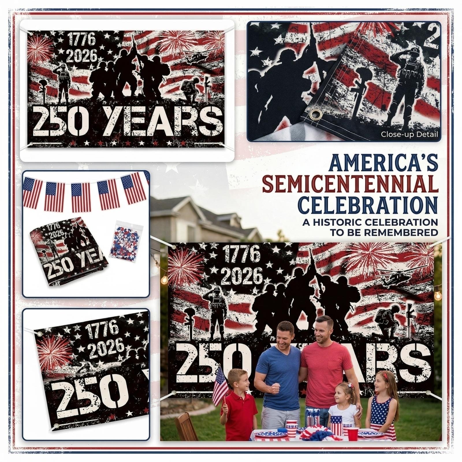 

American Independence Anniversary Banner 250 Years 1776 2026 Large Patriotic Outdoor Indoor Decoration Flag One Size
