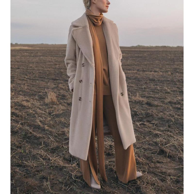 Dámský podzimní zimní zahuštěný dlouhý kabát z norkového sametu, luxusní bunda z imitace králičí kožešiny s páskem, klopami, trenčkot