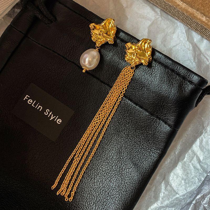 French Fashion Retro Asymmetric Long Pearl Tassel Earrings Female Accessible Luxury Classy Niche Style Middle Ancient Earrings Ear Studs Tassel Earrings