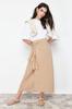 Women's Fashion Cinnamon Double Breasted Tie Detailed Woven Linen Look Skirt