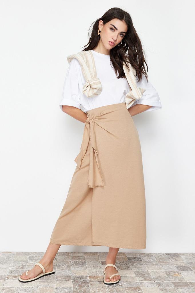 Women's Fashion Cinnamon Double Breasted Tie Detailed Woven Linen Look Skirt