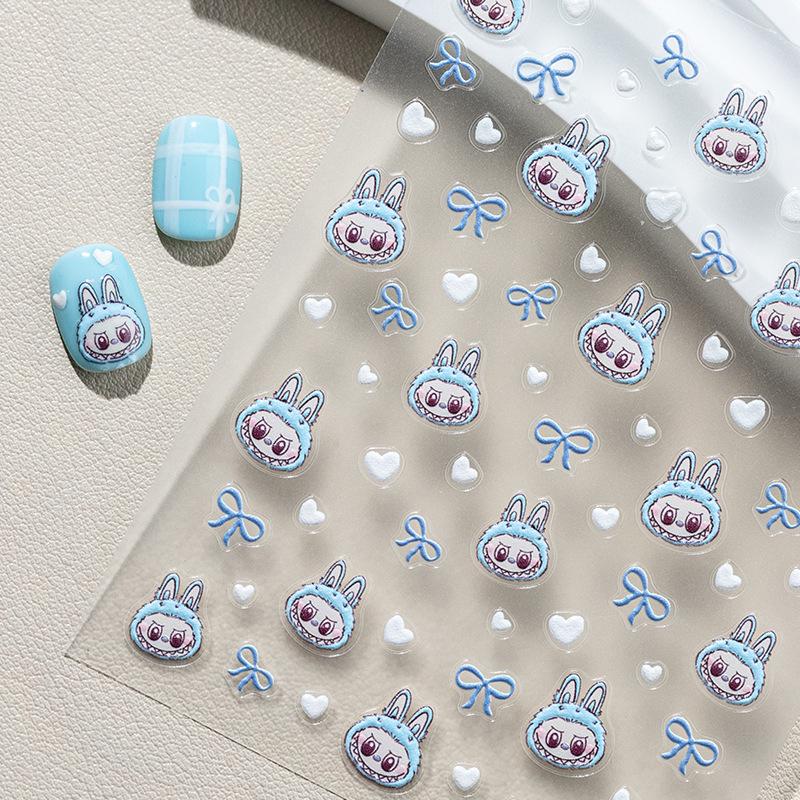Sky Blue Nail Stickers: 6D Labubu Jelly Bow & White Heart Design
