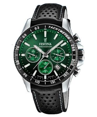Timeless Chronograph Leather Strap Green Dial Quartz F20561-5 100M Men's Watch