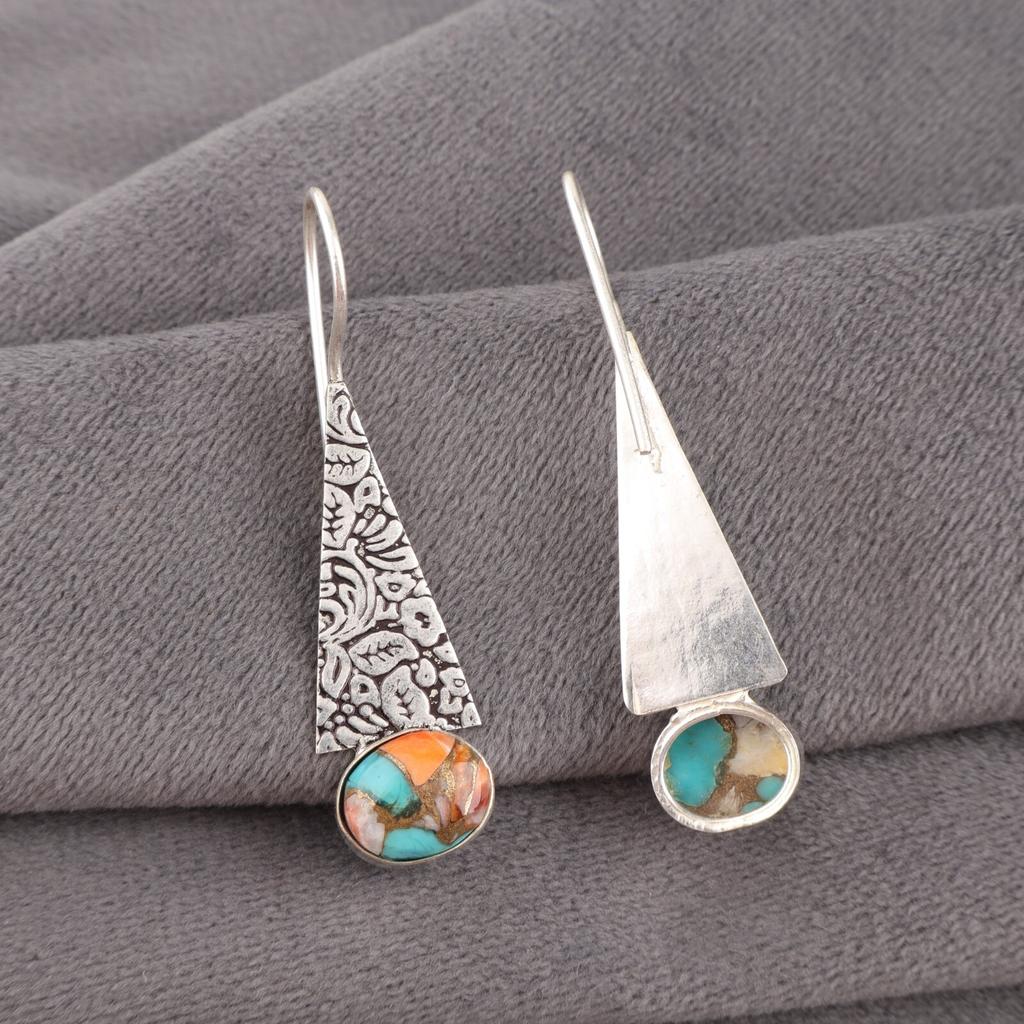 Natural Spiny Oyster Gemstone 925 Sterling Silver Jewelry Handmade Earrings 1.9" EE-165-45