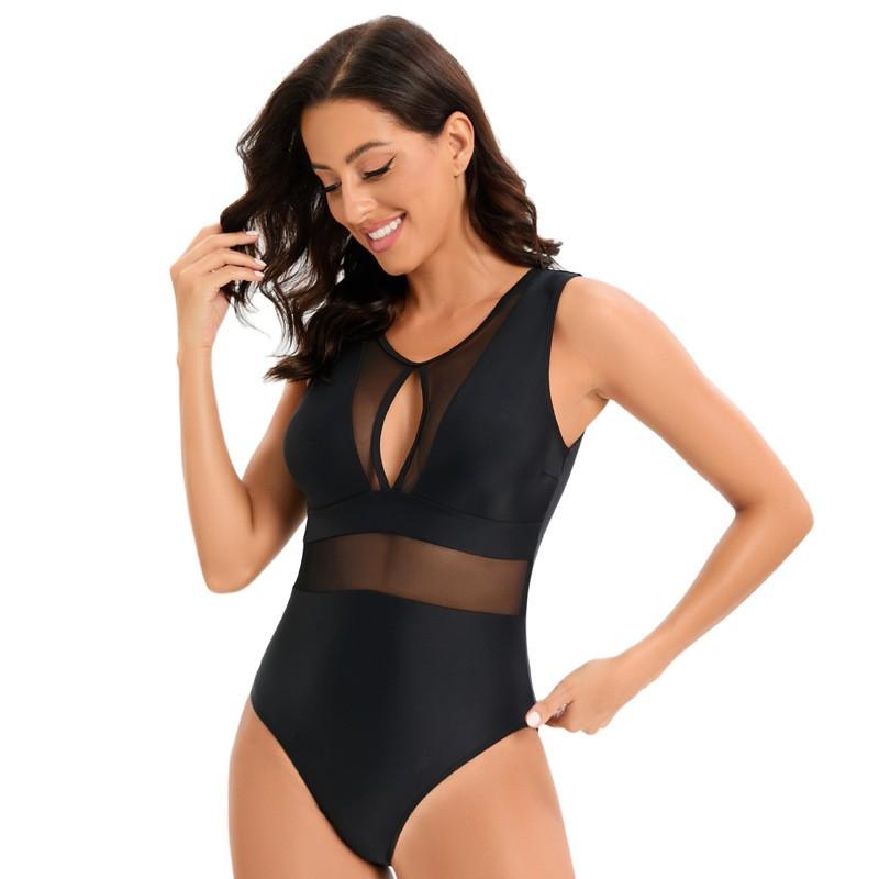 Womens One-Piece Swimsuit With Mesh Panel Solid Color Padded Bust Slimming Fit Swimming Beach Vacation