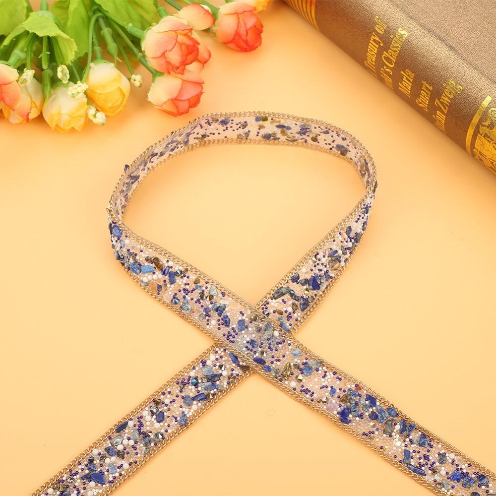 1pcs 1M Length Rhinestone Ribbon Chain Gold Chain Combined Beaded Applique Trim For Clothes White Rice Bead