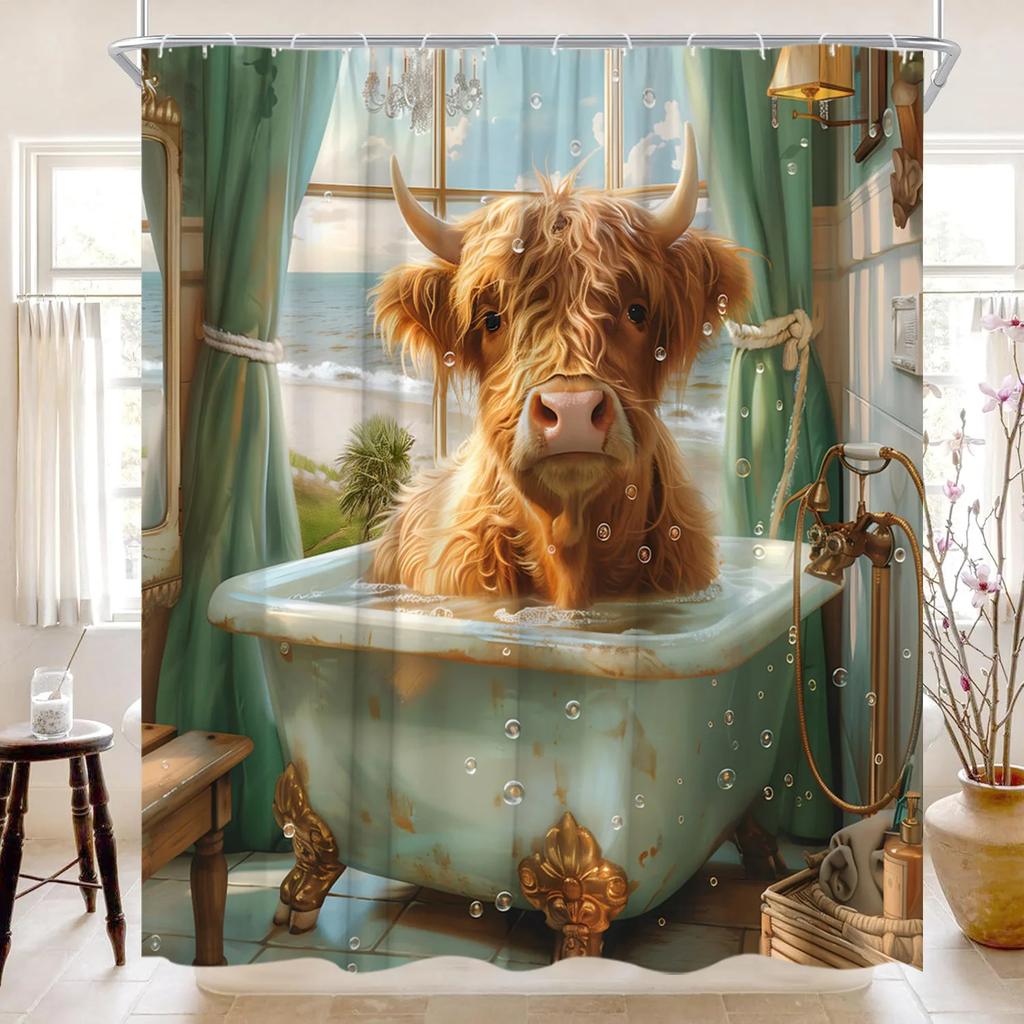 Funny Highland Cow Shower Curtain Farm Cartoon Pig Dog Flower Plant Rustic Farmhouse Kid Polyester Fabric Bathroom Decor Curtain