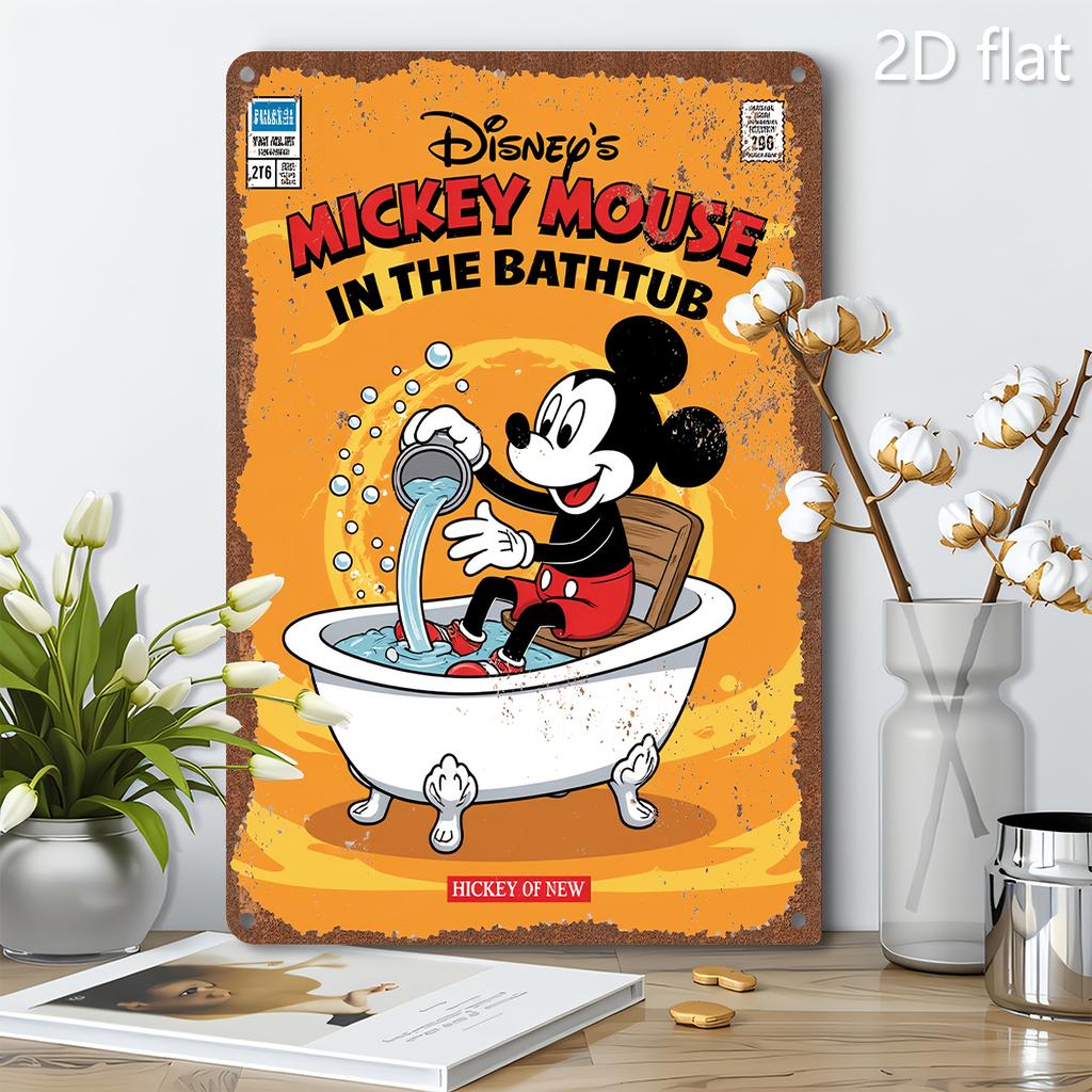 2D Flach, Offizielles Disney Mickey & Minnie Mouse Vintage Badewannen Metall Wanddeko - 20,32x30,48 cm Retro Badezimmer, Küche, Café,