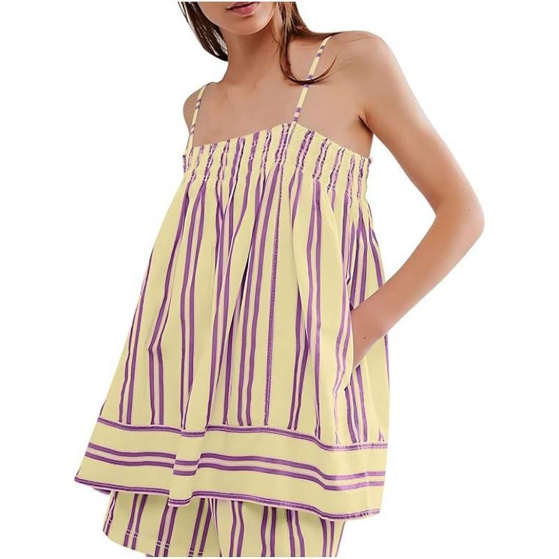 VEZFAA Women's Fashion Casual Summer Spring Stripe Print Sleeveless Suspenders Trousers Pants Suits