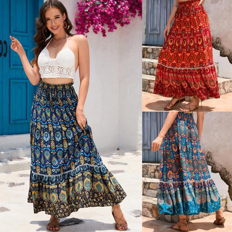 Damen Elastischer Bund Maxi-Rock Lockerer Sitz Boho Bedruckter Langer Rock Stufig RAYON 100% Strandurlaub Fließender Midi-Rock