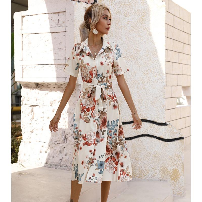 Summer Short Sleeve Women Floral Printed Shirt Dress Single-breasted Loose Casual Office Holiday Lace-up A-line Party Dresses Elegant Fashion Clothng