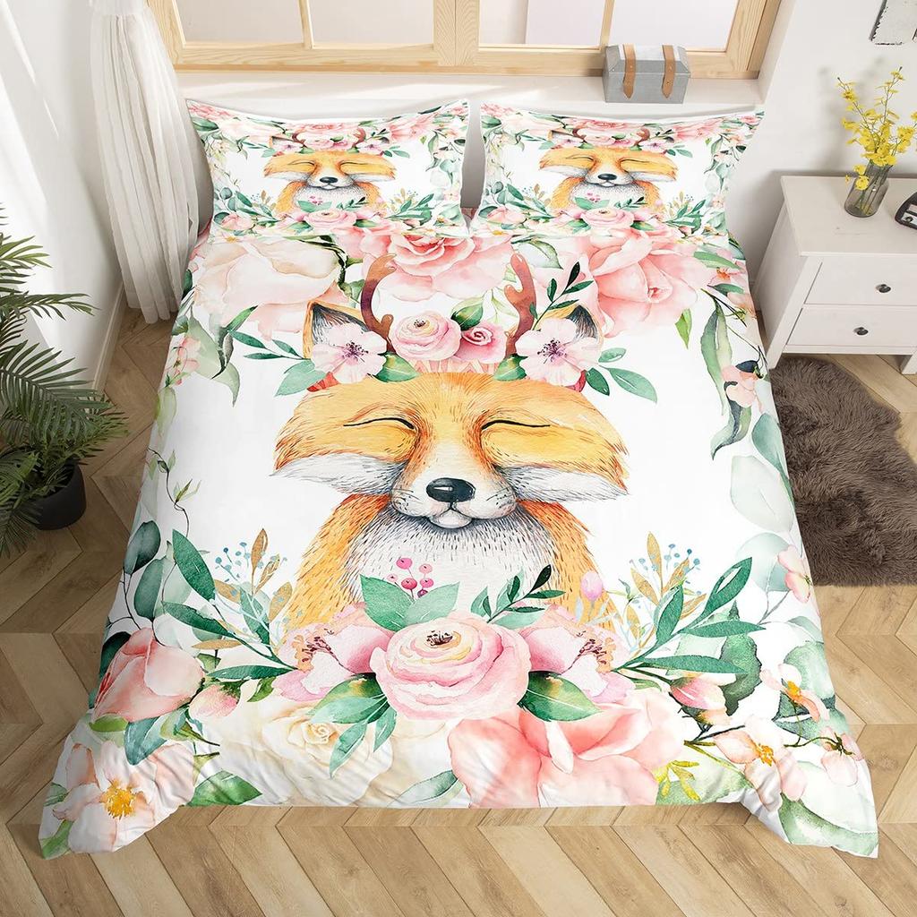 Natural Bedding Set 3Pcs For Boys Girls Cartoon Wildlife Animal Flower Print Comforter Cover Green Microfiber Duvet Cover Set