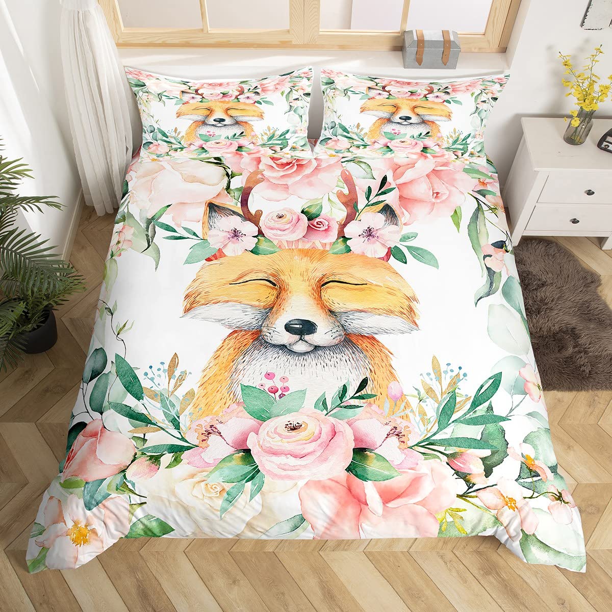 

Комплект постельного белья из натуральных материалов для мальчиков и девочек, 3 предмета, принт с изображением животных, дикой природы и цветов, пододеяльник из зеленой микрофибры EU Single(135x200cm)