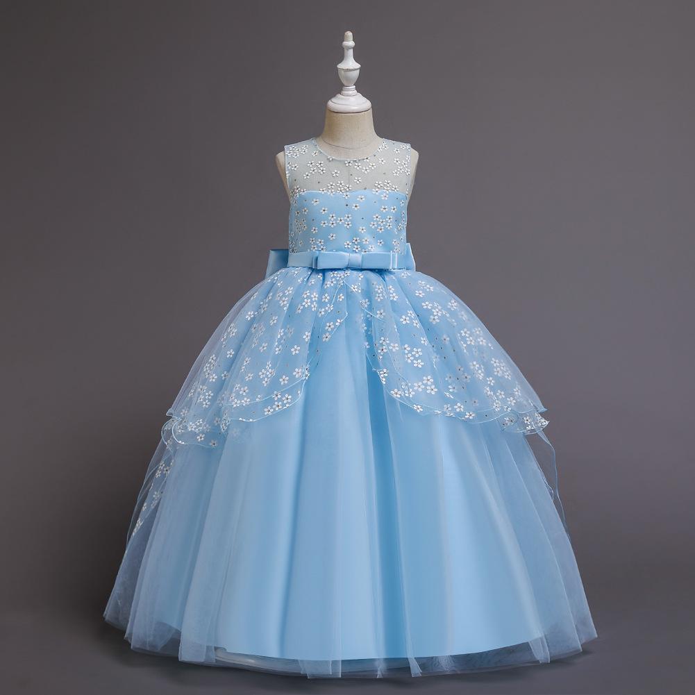 European & American Girls' Lace Flower Princess Dress with Bow & Small Train