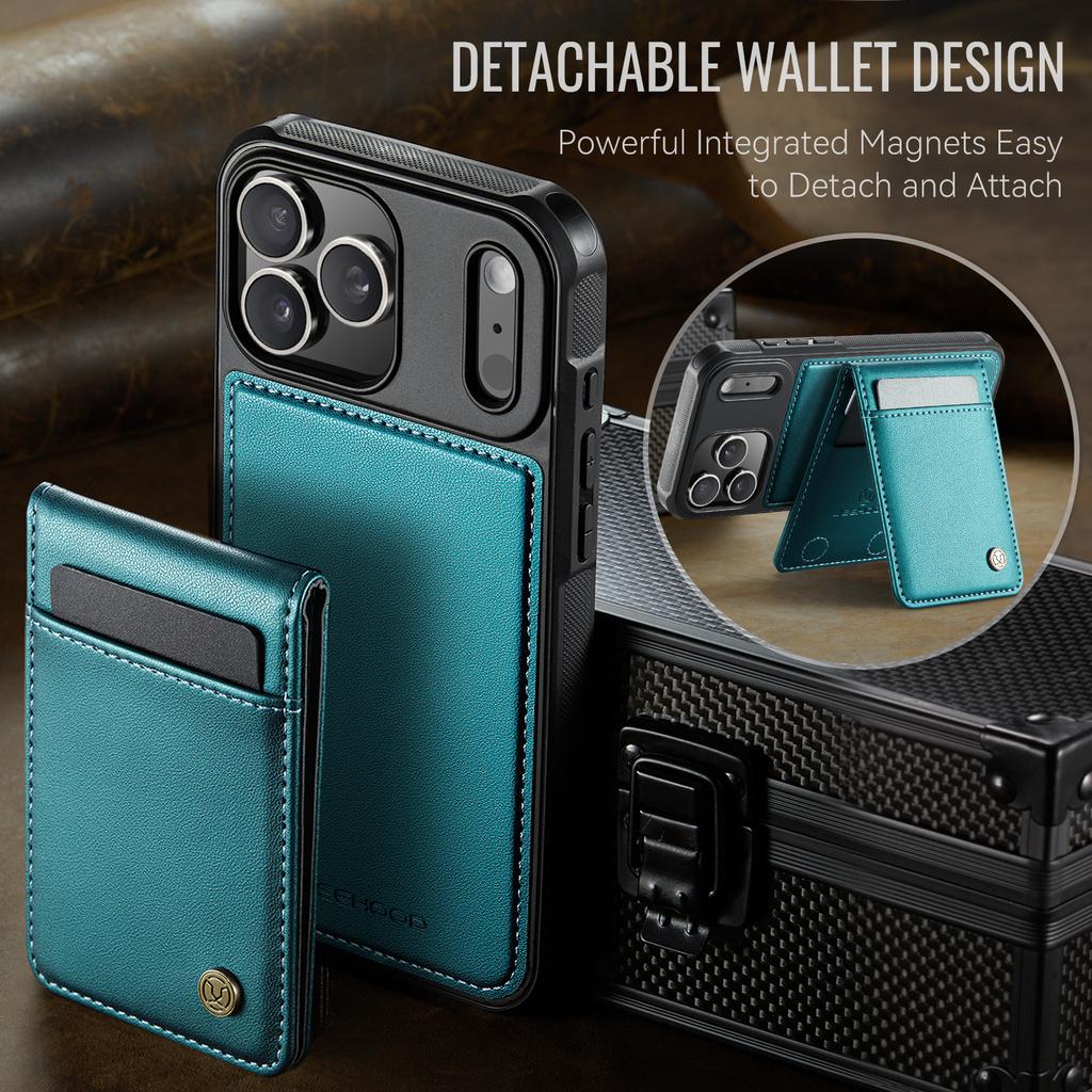For iPhone 17 Pro Max Leather Back Cover JEEHOOD J06 Magnetic Phone Case with Card Bag RFID Blocking