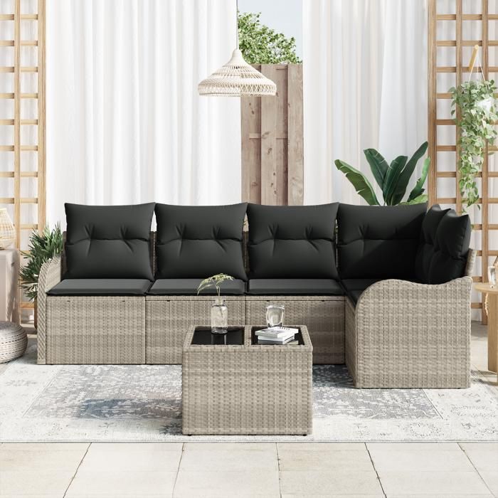 Set de canapé de jardin vidaXL 6 pièces avec coussins Gris Poly Rotin, Canapé de jardin 2 places vidaXL avec rangement 3354381