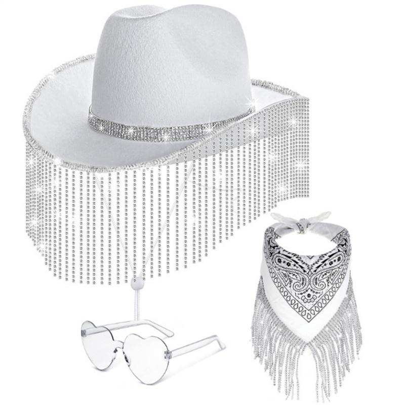 Stylish Cowgirl Hat Wide Brim Cowboy Hat with Square Neck Scarf & Glasses for Bachelorette Parties and Costume Event