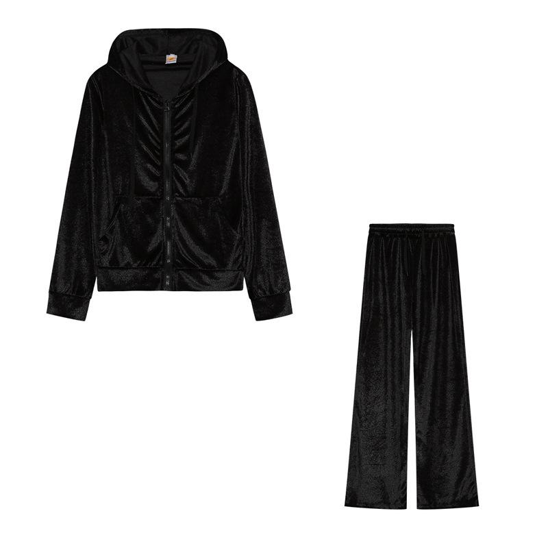Women Velvet Tracksuit 2 Piece Set Rhinestone Letter Hooded Crop Jacket Long Pants Casual Sport Outfit Autumn Wear