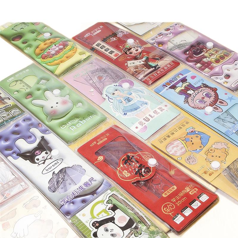 Cute Cartoon Student Ruler Set: Transparent 20cm Straight Ruler, Triangle Ruler, Protractor - 4 Pieces