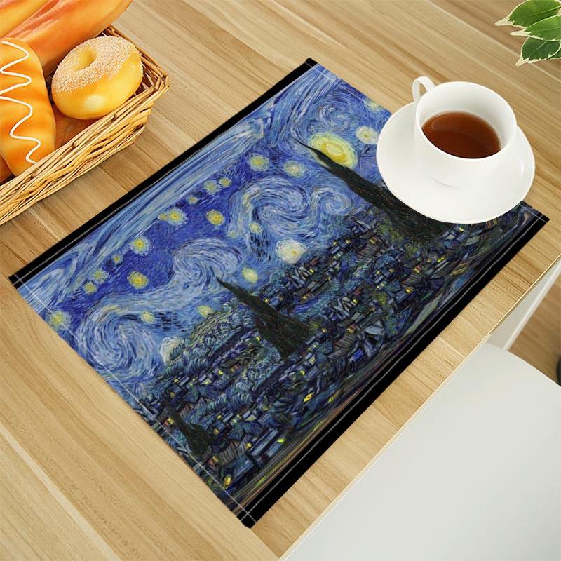 Van Gogh The Starry Night Print Linen Dining Table Mats Alphabet Kitchen Placemat 30X45cm Coasters Pads Bowl Cup Mat