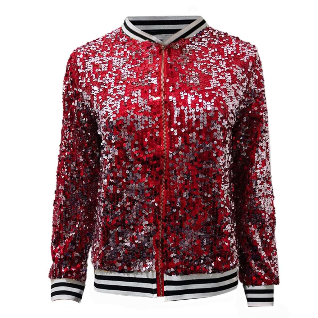Women's Fashionable Stand Up Collar Long Sleeved Sequined Concert Short Zipper Jacket