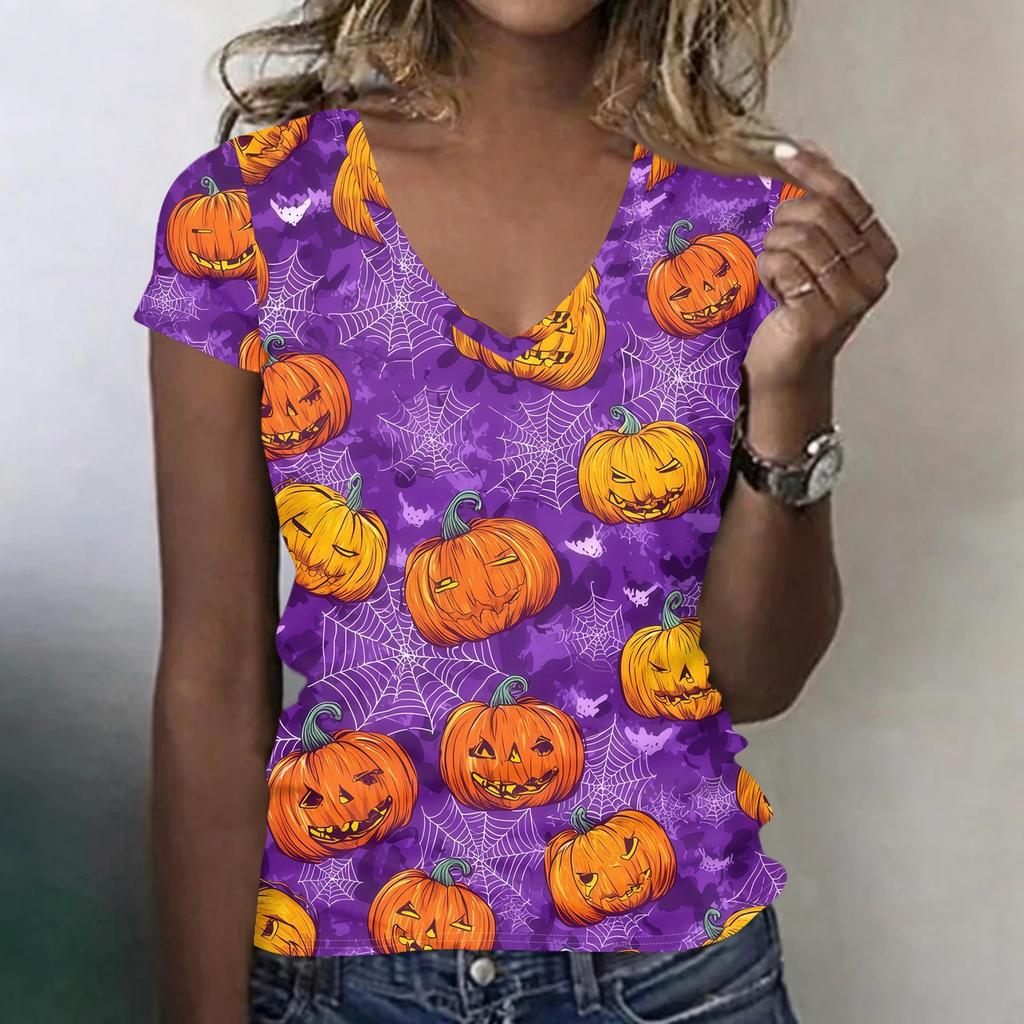 Women's V-Neck Halloween Print Blouse Lightweight Spring Summer Top