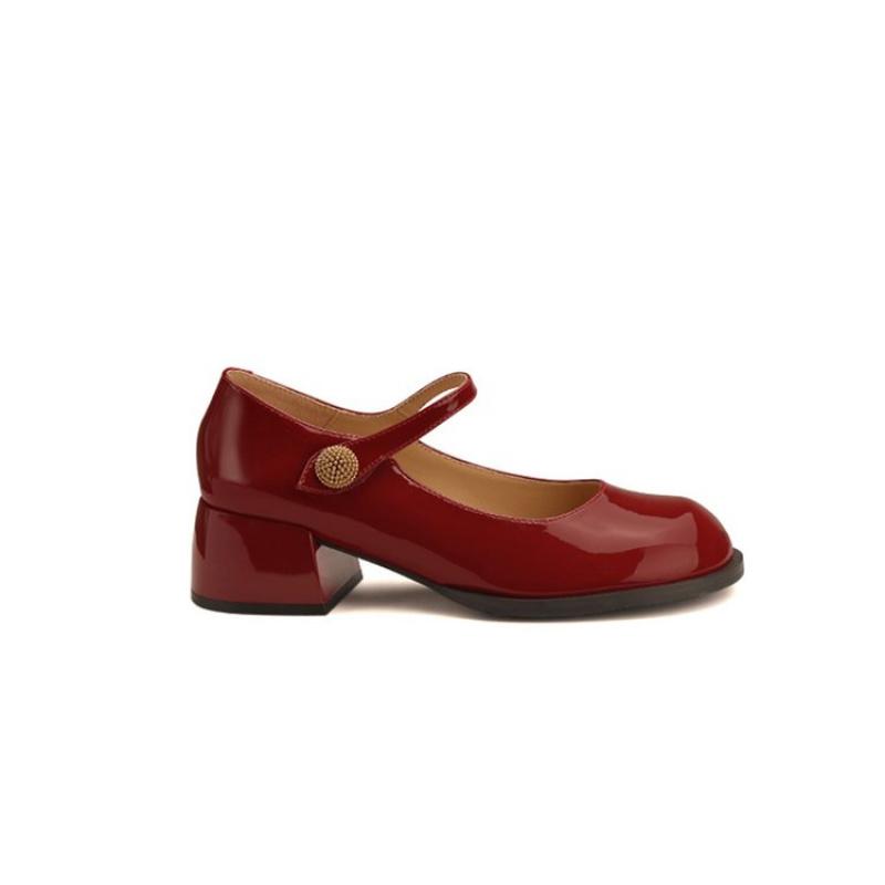 2025 Women's Round Toe One-Strap Mary Jane Shoes Spring Autumn Thick Heel Genuine Leather Mid-Heel Low-Cut High Heels