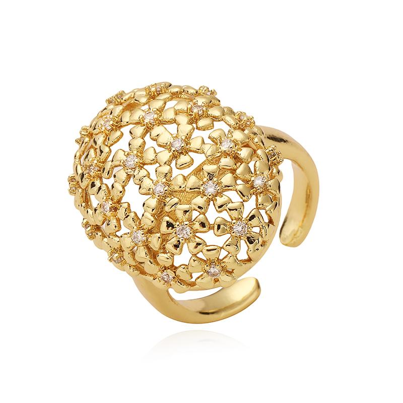 

HECHENG, 18K Golden Plated Luxury High End Women s Jewellery Ring With CZ Stones And Floral Motifs In Geometric Metal Ring resizable