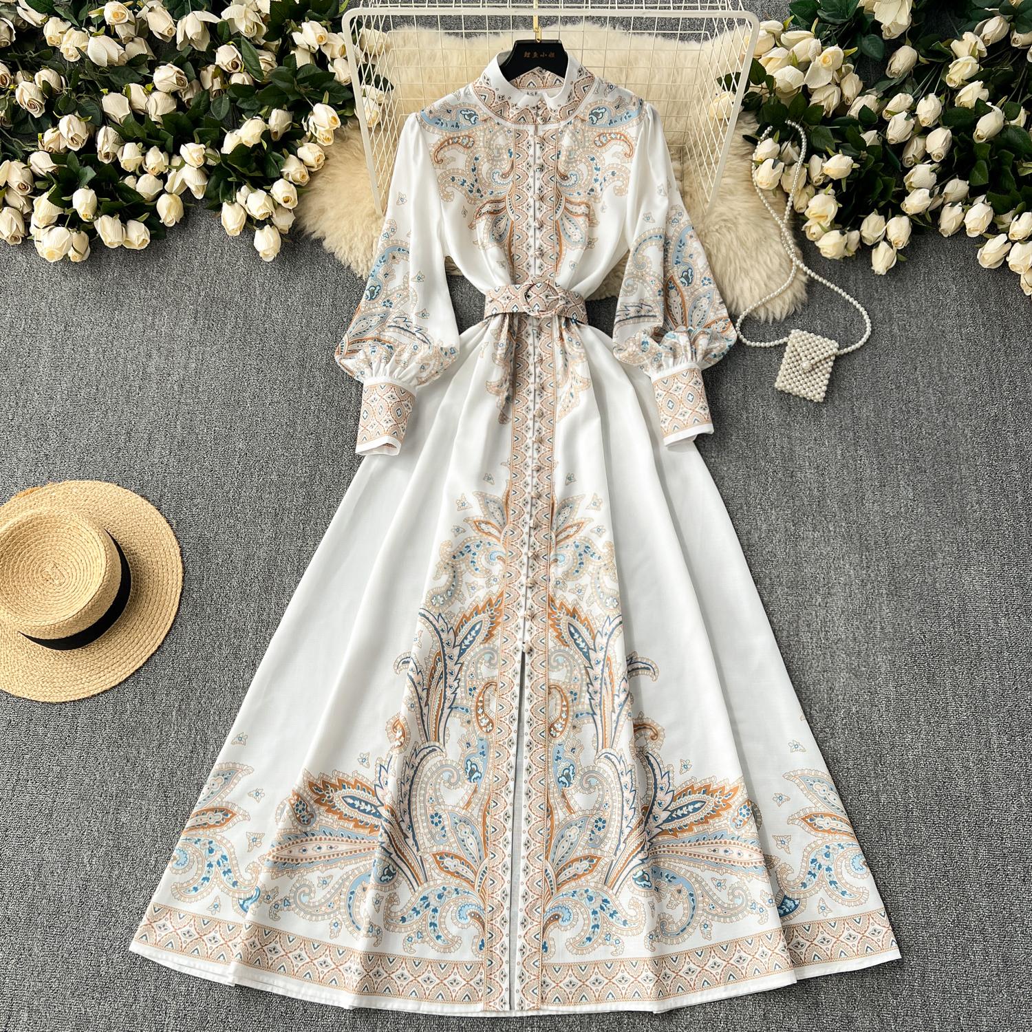 

Хикигава шикарные модные женские туфли элегантные платья с воротником-стойкой и поясом с тонкой талией винтажные однобортные платья с принтом Vestidos Mujer S белый