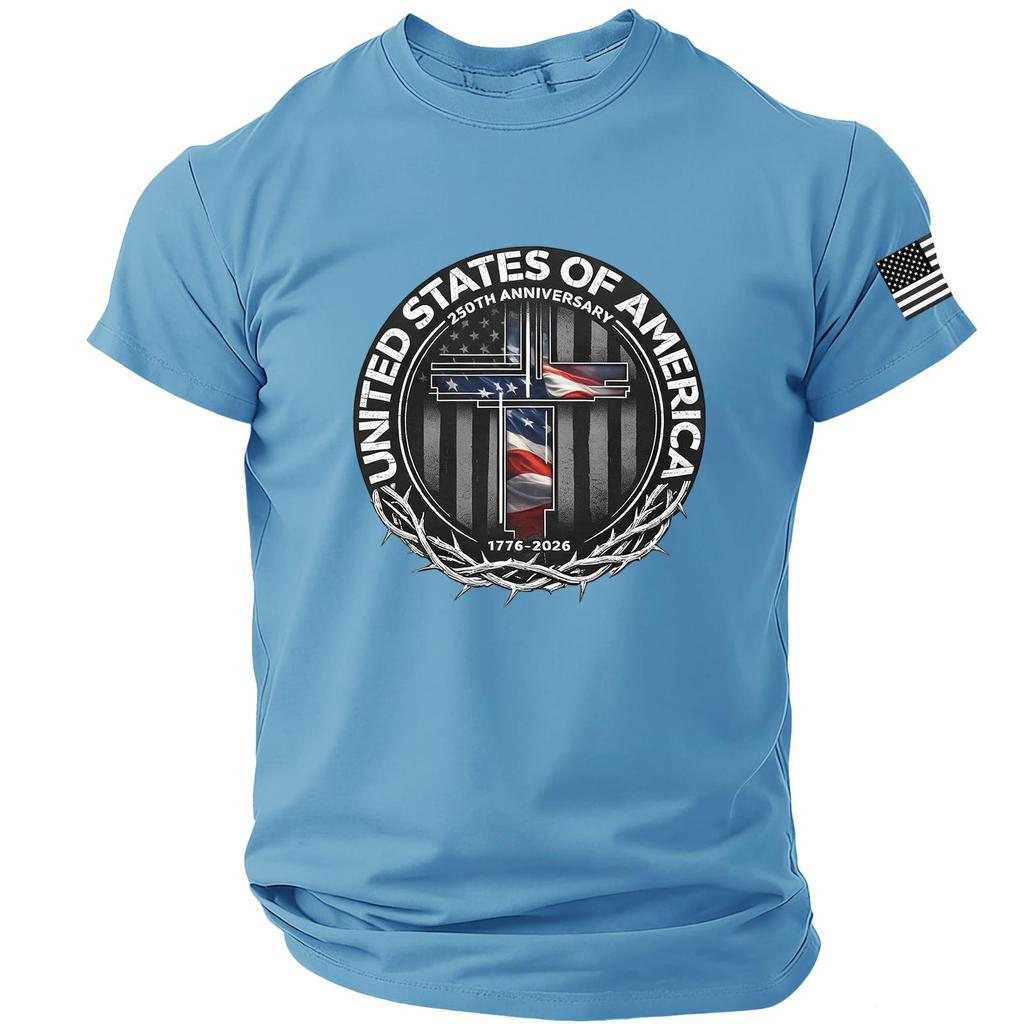Estados Unidos 250º Aniversário 1776 2026 Camiseta de Manga Curta com Gola Redonda e Estampa de Bandeira para Homens
