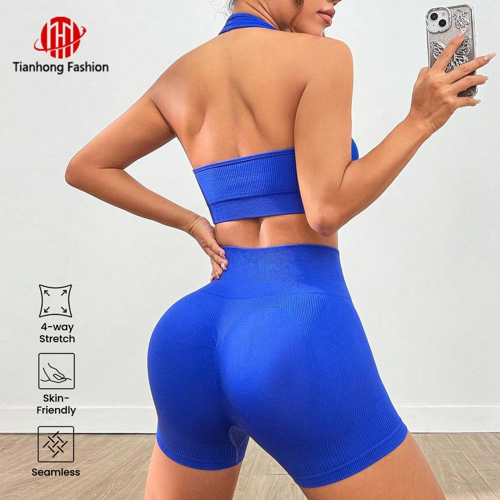 2025 Euro-Amerikanisches Nahtloses Geripptes Yoga-Set: Wunderschöner Rücken Sport-BH & High Waist Shorts