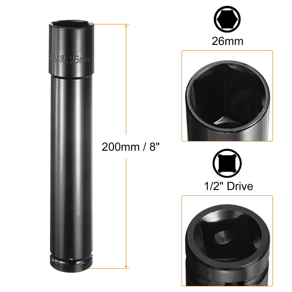 Uxcell Impact 26mm Metric 200mm with Hex Shank Deep for Electric and Manual Adapter Accessory Tool Set Kit for Hex Bolts and Nuts Socket, 1/2" Drive,