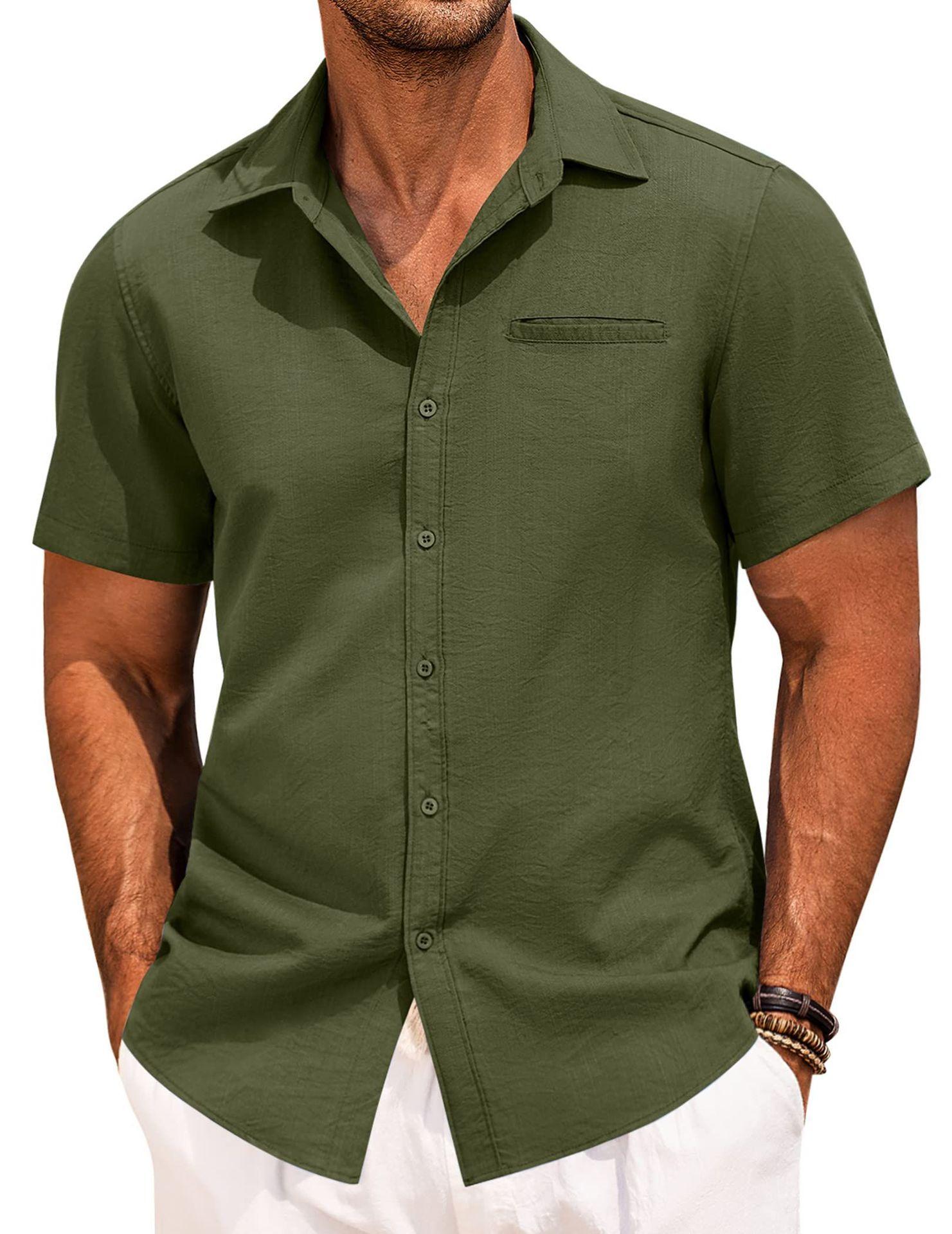 

Men s Olive Green Short Sleeve Button Down Shirt with Chest Pocket, Casual Vacation Shirt M армія зелений колір