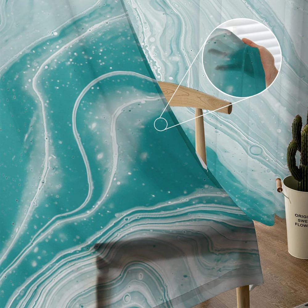 Marble Texture Turquoise Sheer Curtains for Living Room Decoration Window Curtains for Kitchen Tulle Voile Organza Curtains