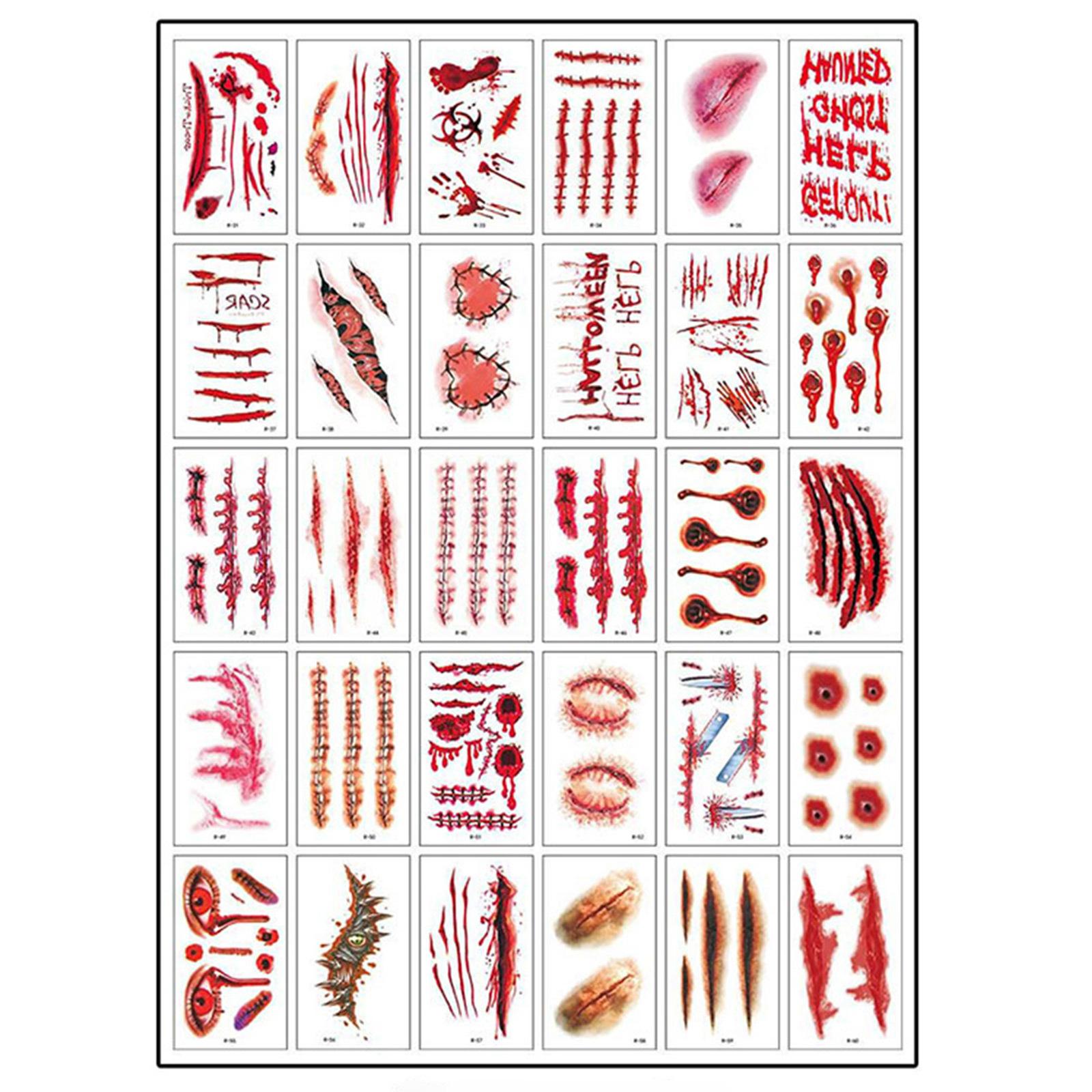 

30 аркушів реалістичних татуювань шрамів на Хелловін, набір фальшивих ран з дизайном швів - моторошний макіяж зомбі та страшні аксесуари для розіграшів One Size