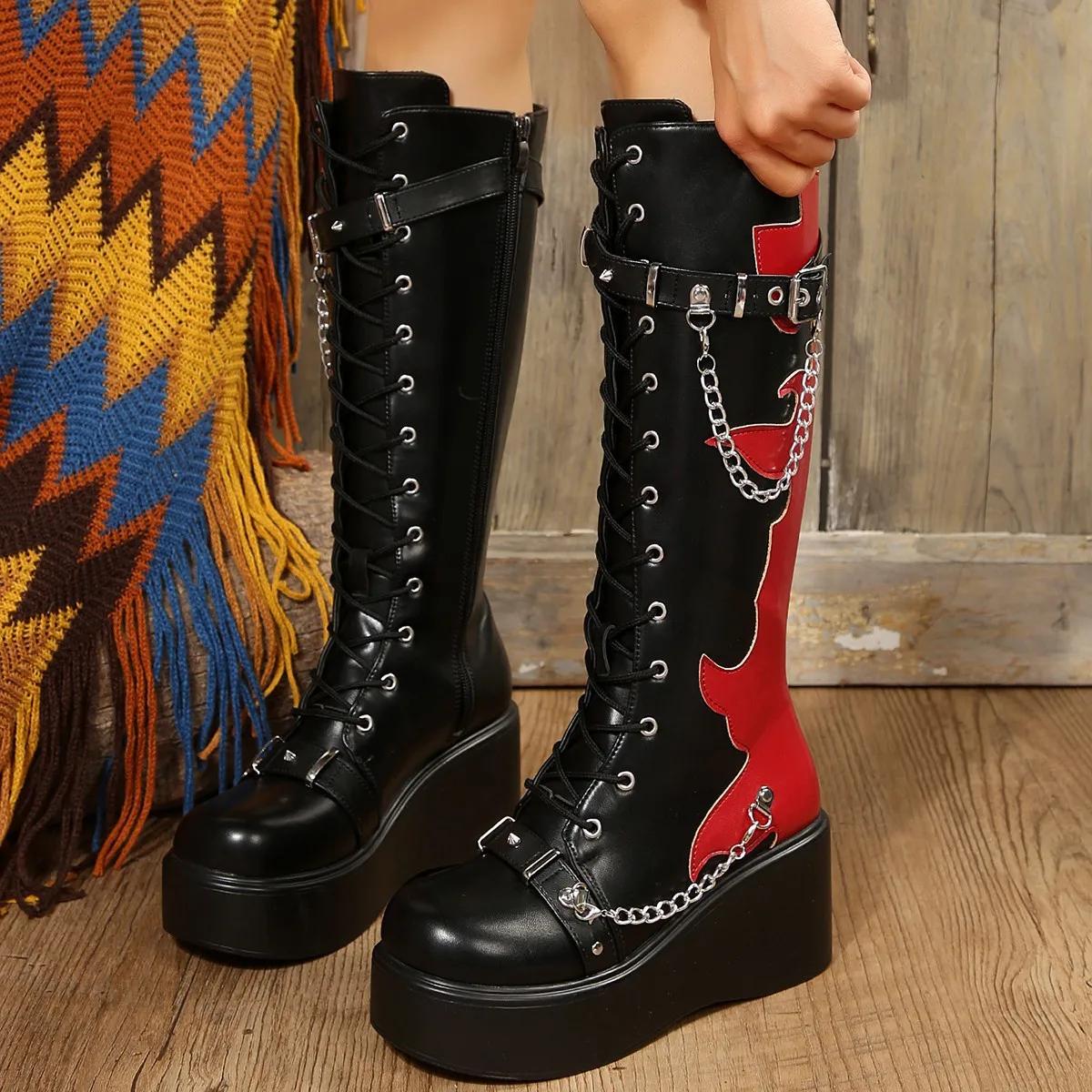 Women Cowboy Boots Plus Size 42 New Platform Thick Heel Boots Women Flame Punk Gothic Black Buckle Shoes Fashion Women s Boots 35 4684₽