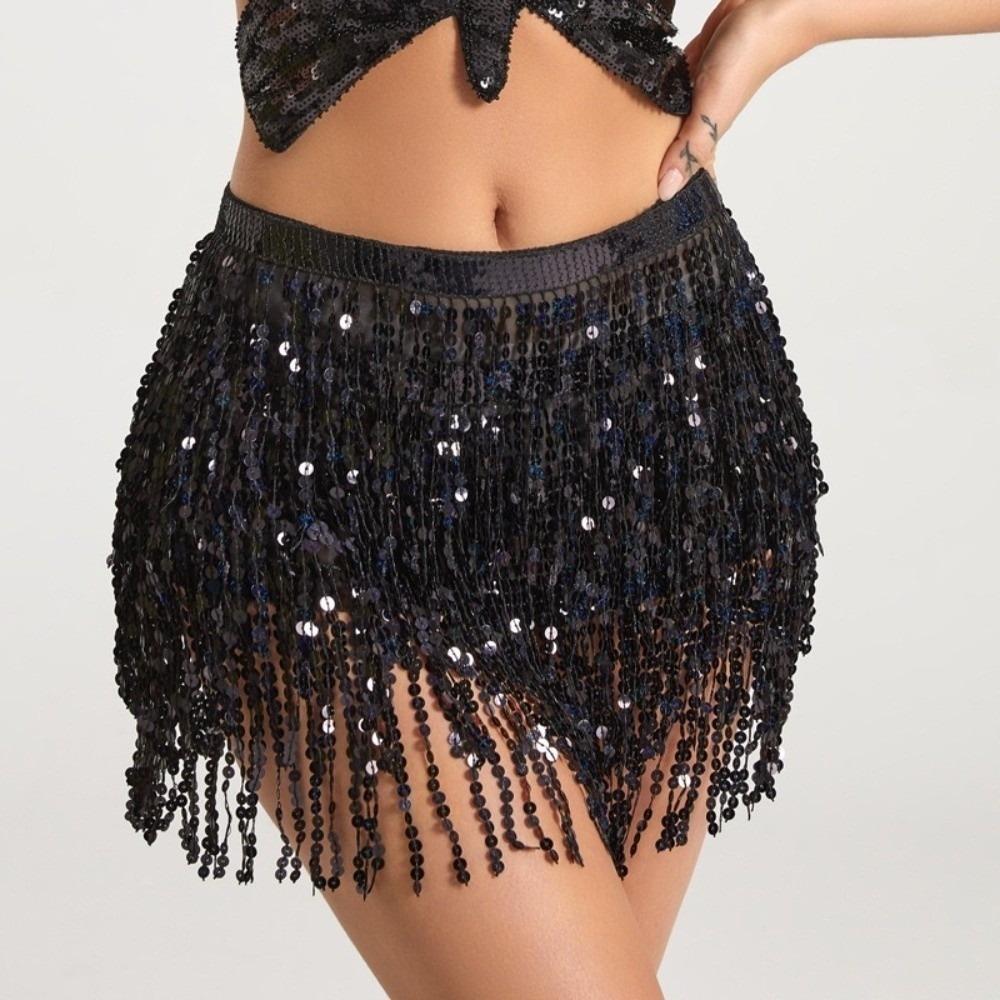 Sequins Belly Dance Waist Chain Dress Tassel Hip Scarf Shiny Latin Dance Hula Short Skirt  Practice