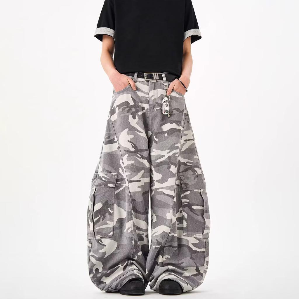 New American retro camouflage tooling wide-leg pants men's and women's loose trousers casual scimitar jeans
