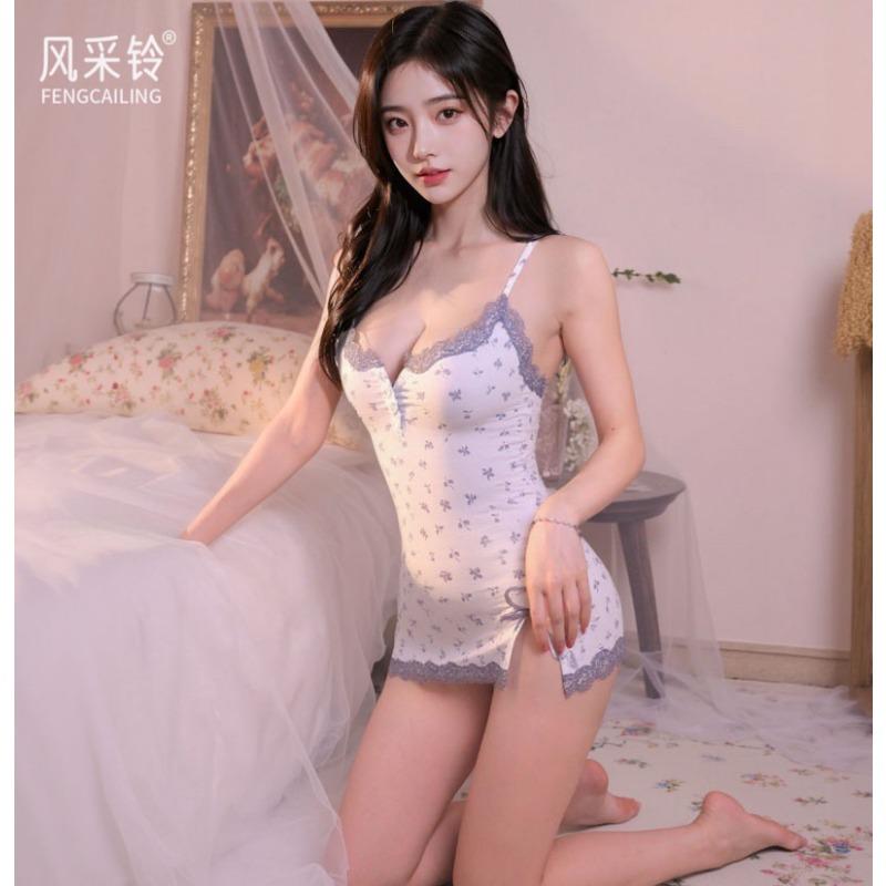 Purple small floral nightdress lace splicing small chest pure wind suspender hip wrap sexy home skin pajamas
