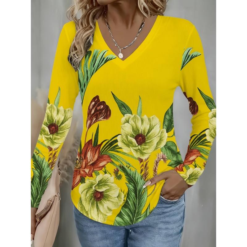 Long sleeve V-neck T-shirt with floral print