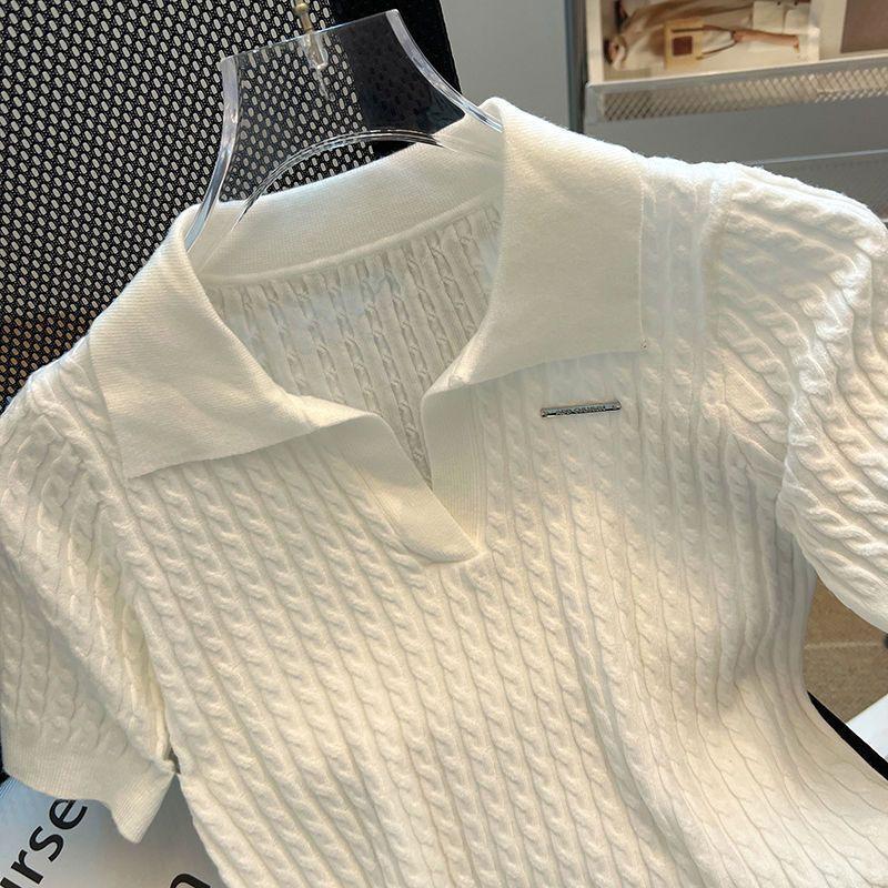 Temperament Lapel Ice Silk Knit Top Summer Loose Thin Twist Short-sleeved T-shirt