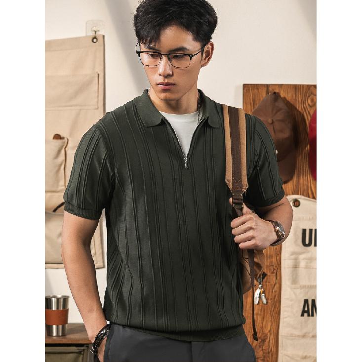 Short Sleeve Polo Shirt Men Summer Thin High-end Feel Ribbed Ice Silk Half-zip Turn-down Collar Slim Fit Knitted T-shirt