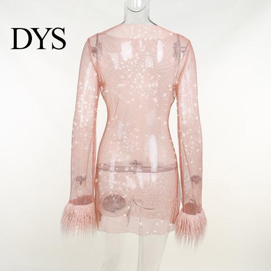 Sexy Evening Dress Glitter with Fur-Trimmed Cuffs Round Women Neckline Long Sleeves See-through Slim Fit